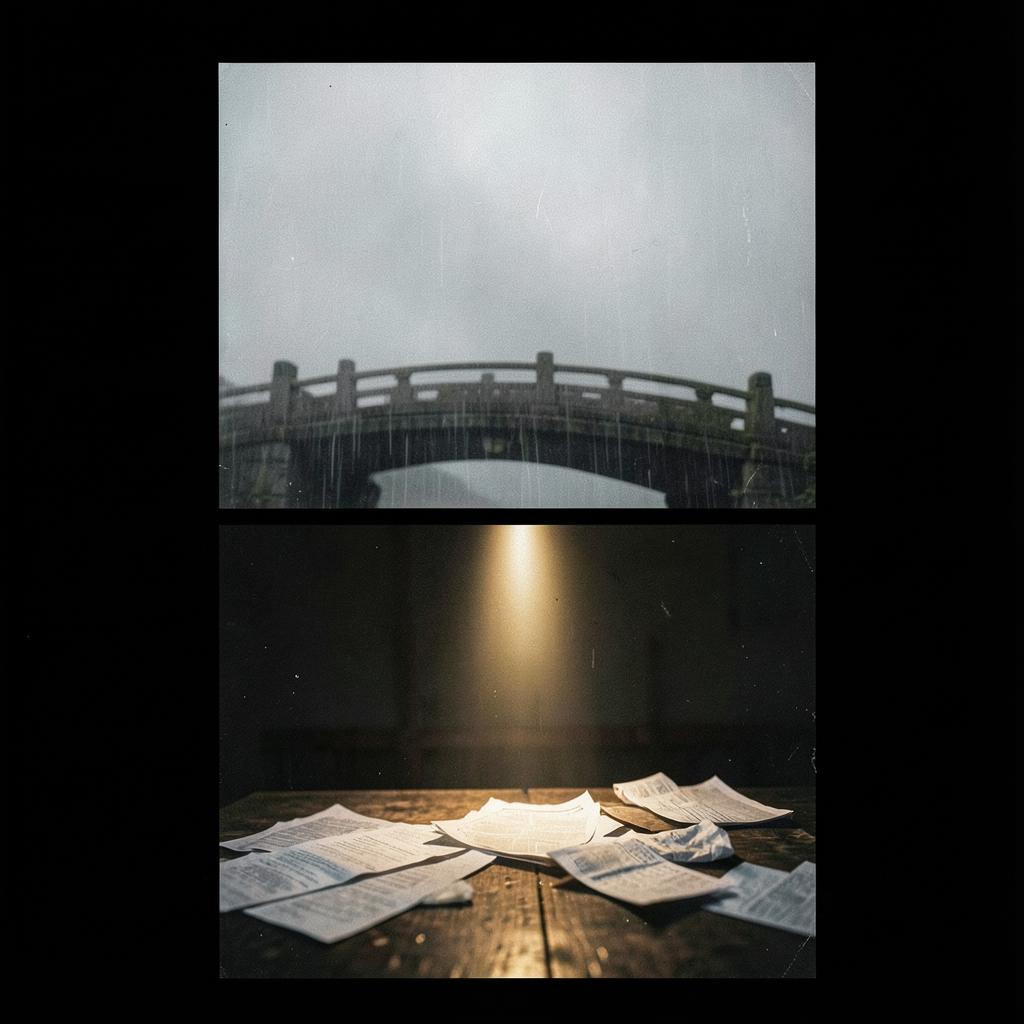 The Cry of Kuzuryu playlist cover showing rain over a bridge and papers illuminated on a table